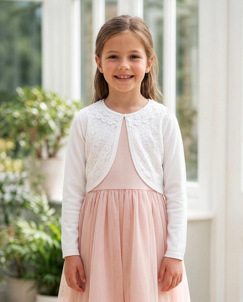 BOLEROSE Girls Long Sleeve Floral Lace Bolero Cardigan Kids Shrug Cover Up (White, 5-6 YRS) - Image 2